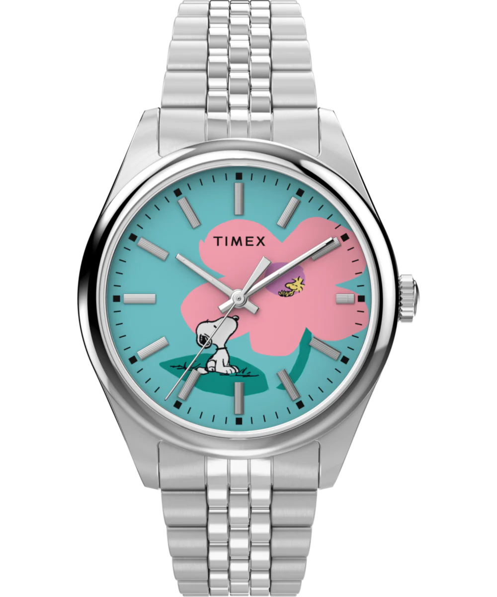Peanuts® x Timex Legacy Snoopy with Flower Dial 36mm Stainless Steel Bracelet Watch