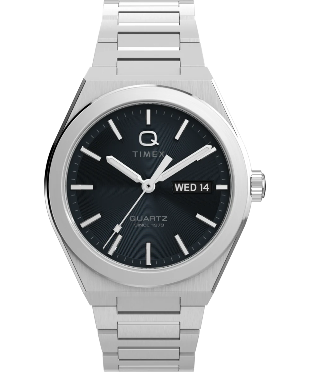 Q Timex® Continental Day and Date 39mm Stainless Steel Bracelet Watch