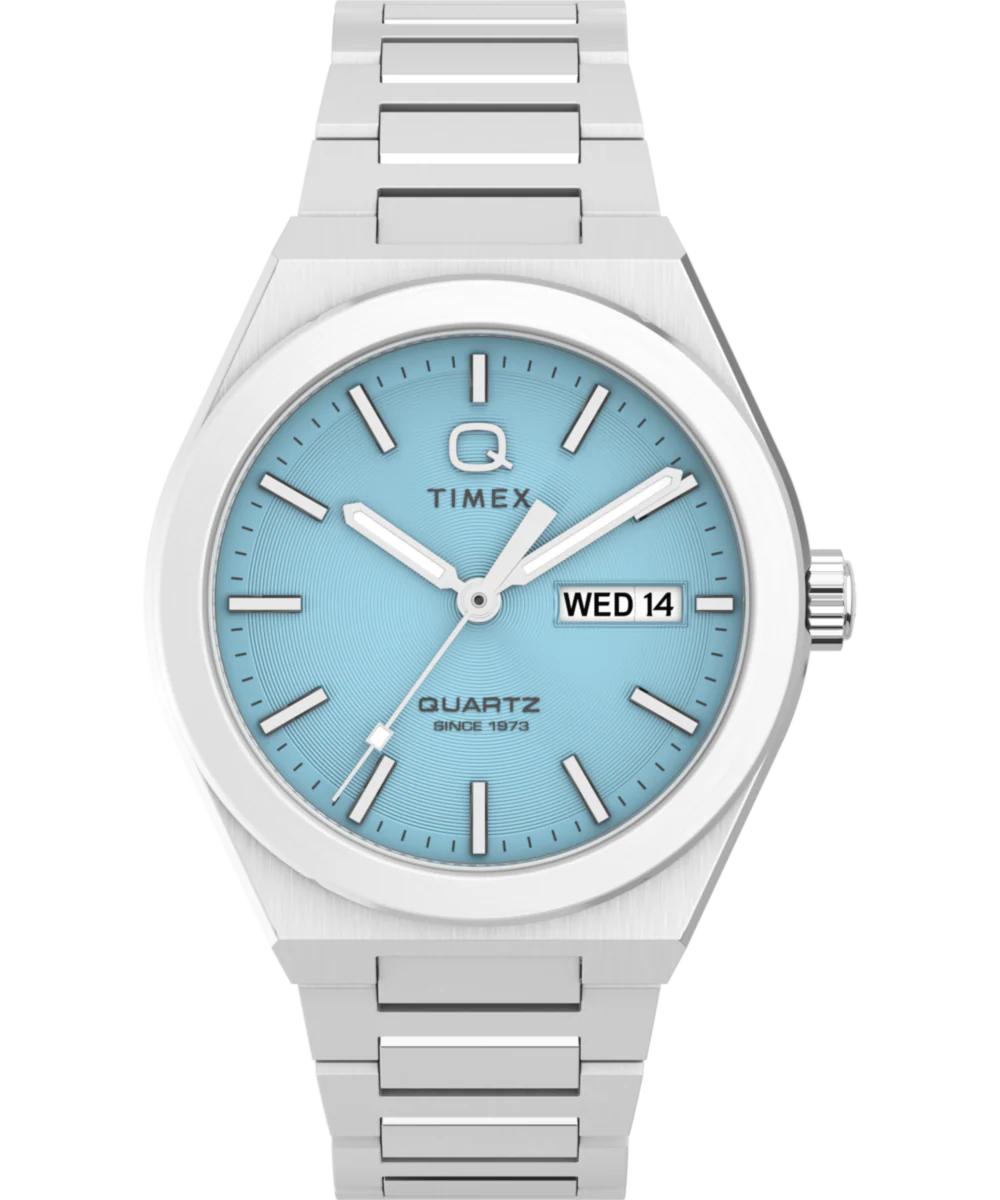 Q Timex® Continental Day and Date 39mm Stainless Steel Bracelet Watch
